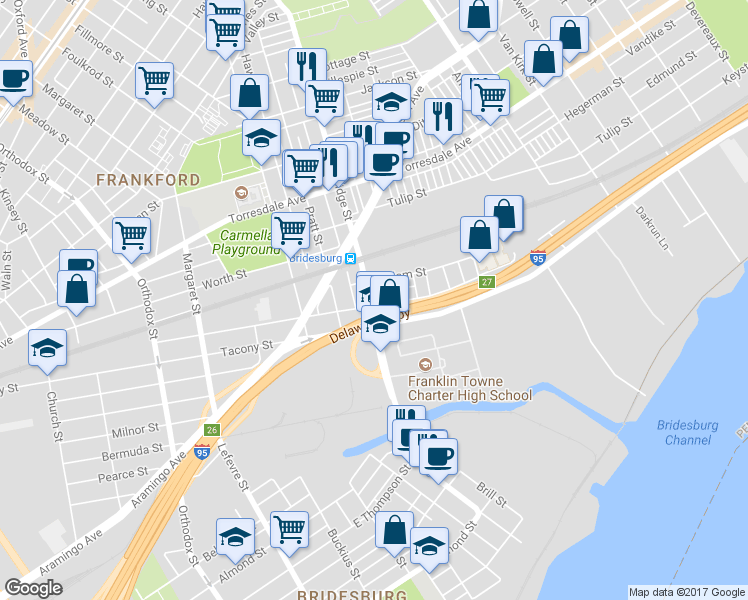map of restaurants, bars, coffee shops, grocery stores, and more near 2241 Bridge Street in Philadelphia