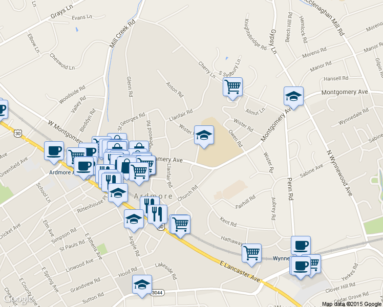 map of restaurants, bars, coffee shops, grocery stores, and more near 108 School House Lane in Ardmore