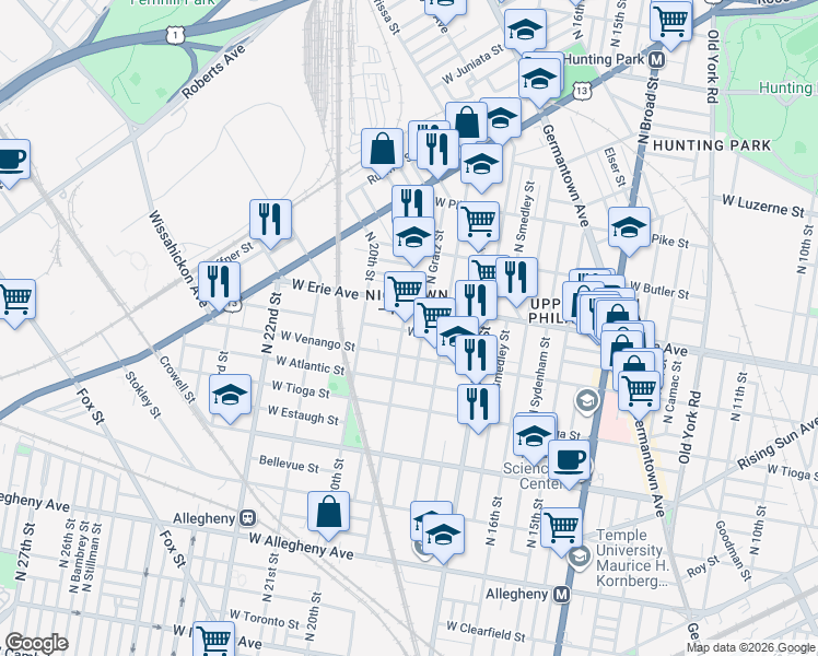map of restaurants, bars, coffee shops, grocery stores, and more near 3621 North 19th Street in Philadelphia