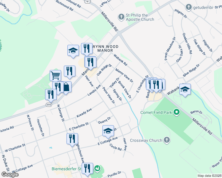 map of restaurants, bars, coffee shops, grocery stores, and more near 433 Spring Drive in Millersville