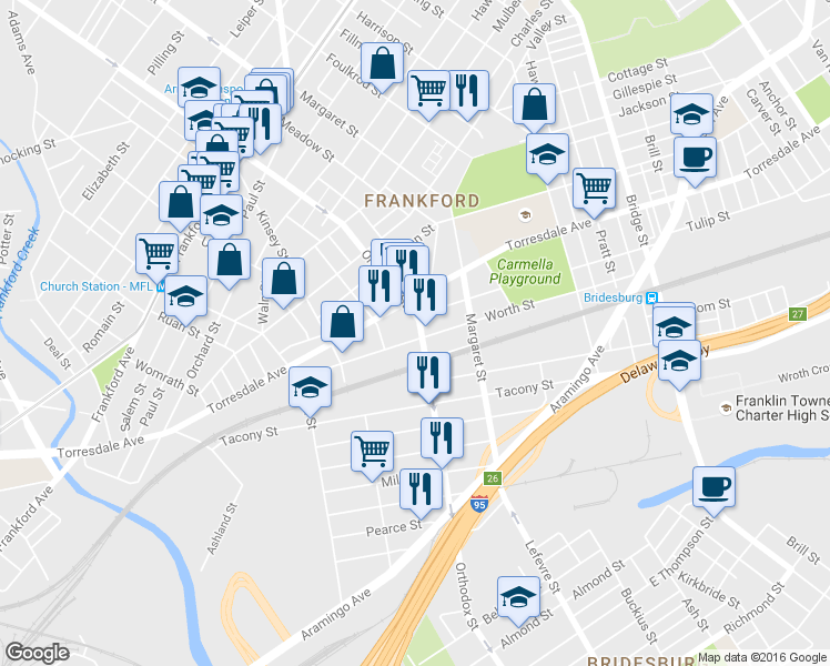 map of restaurants, bars, coffee shops, grocery stores, and more near 2114 Orthodox Street in Philadelphia