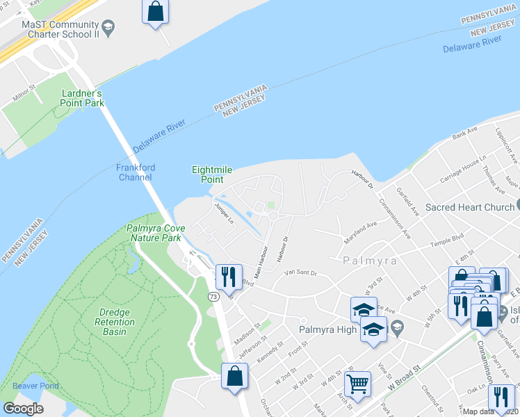 map of restaurants, bars, coffee shops, grocery stores, and more near 2103 Sanibel Circle in Palmyra