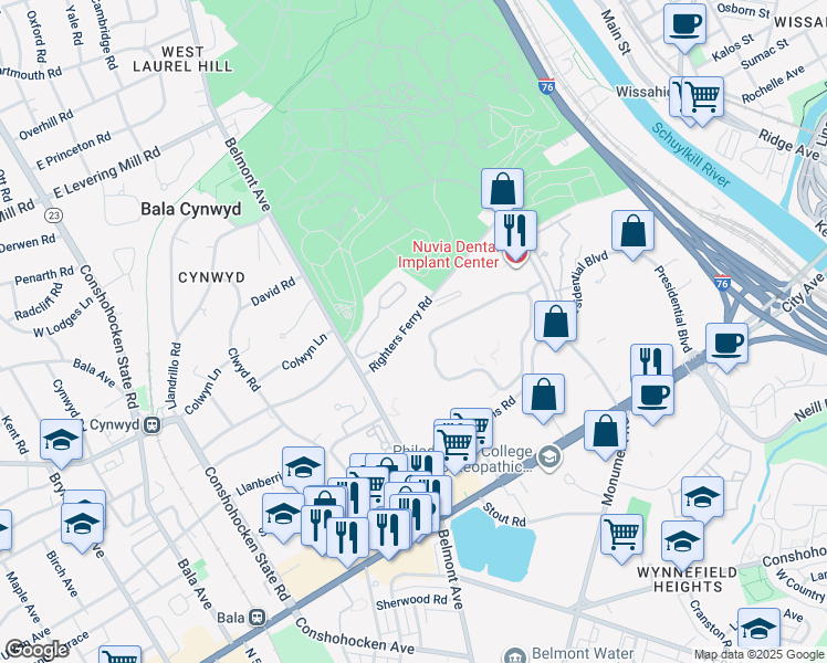 map of restaurants, bars, coffee shops, grocery stores, and more near 261 Righters Ferry Road in Bala Cynwyd