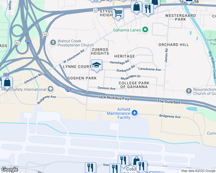 map of restaurants, bars, coffee shops, grocery stores, and more near 362 Denison Avenue in Gahanna