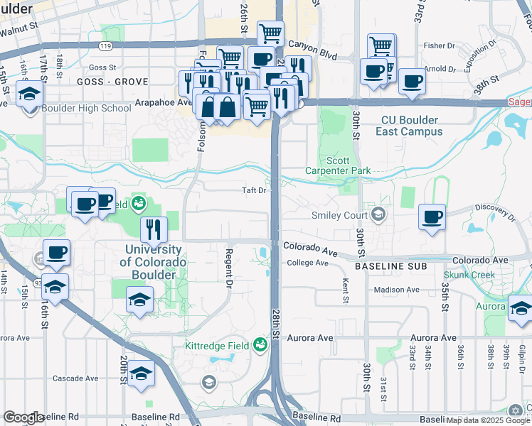 map of restaurants, bars, coffee shops, grocery stores, and more near 2790 University Heights Avenue in Boulder