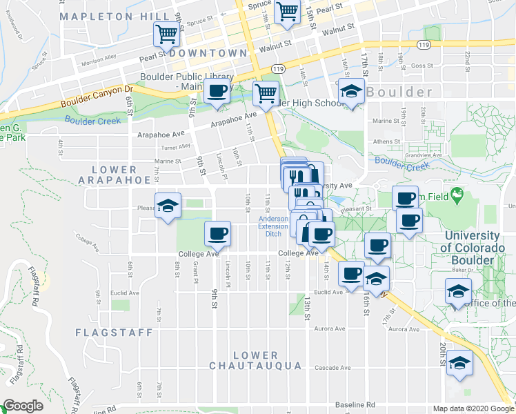 map of restaurants, bars, coffee shops, grocery stores, and more near 1043 Pleasant Street in Boulder