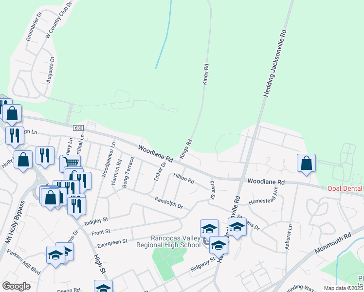 map of restaurants, bars, coffee shops, grocery stores, and more near 104 Kings Road in Westampton