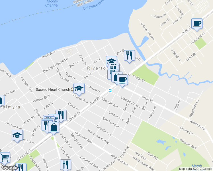 map of restaurants, bars, coffee shops, grocery stores, and more near 421-1/2 Lippincott Avenue in Riverton