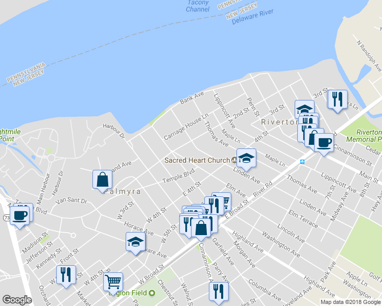 map of restaurants, bars, coffee shops, grocery stores, and more near 204 Linden Avenue in Riverton