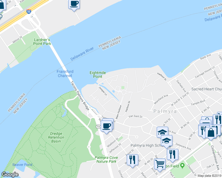 map of restaurants, bars, coffee shops, grocery stores, and more near 1103 Lakeside Drive in Palmyra