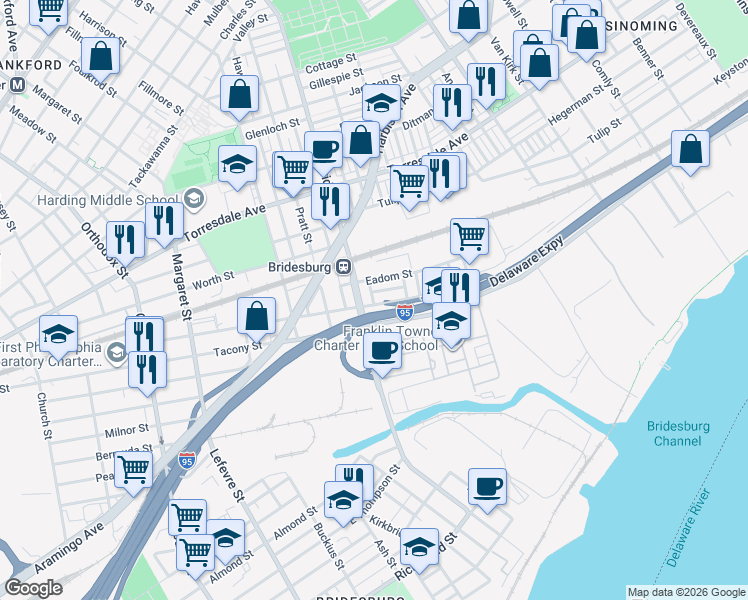 map of restaurants, bars, coffee shops, grocery stores, and more near 2241 Bridge Street in Philadelphia