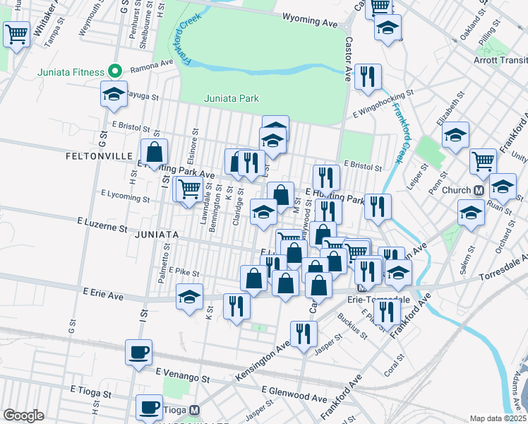 map of restaurants, bars, coffee shops, grocery stores, and more near 4114 Dungan Street in Philadelphia