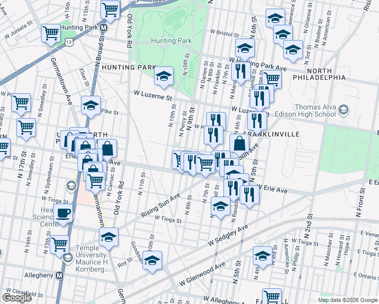 map of restaurants, bars, coffee shops, grocery stores, and more near 3757 North 9th Street in Philadelphia
