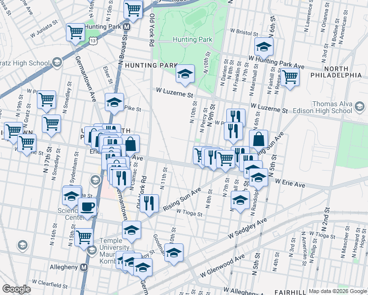 map of restaurants, bars, coffee shops, grocery stores, and more near 3747 North 10th Street in Philadelphia