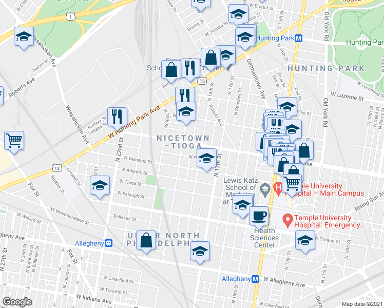 map of restaurants, bars, coffee shops, grocery stores, and more near 3621 North 19th Street in Philadelphia