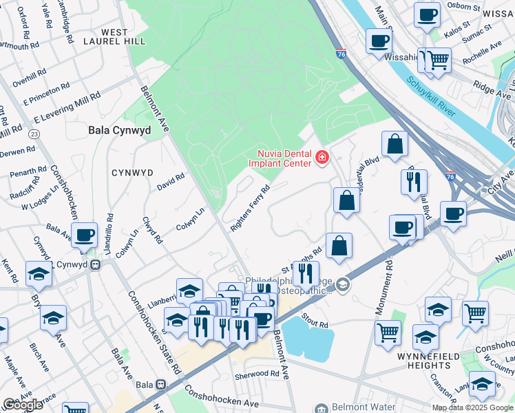 map of restaurants, bars, coffee shops, grocery stores, and more near 261 Righters Ferry Road in Bala Cynwyd