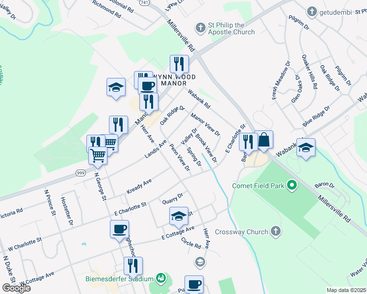 map of restaurants, bars, coffee shops, grocery stores, and more near 433 Spring Drive in Millersville