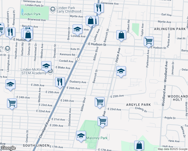 map of restaurants, bars, coffee shops, grocery stores, and more near 1590 East Maynard Avenue in Columbus