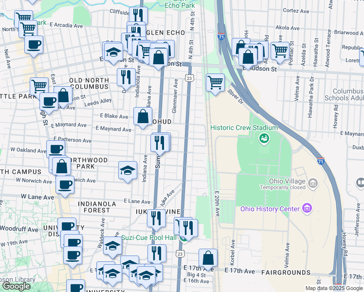 map of restaurants, bars, coffee shops, grocery stores, and more near 2250 North 4th Street in Columbus