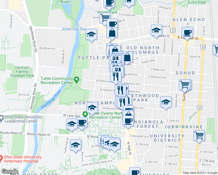 map of restaurants, bars, coffee shops, grocery stores, and more near 58 West Oakland Avenue in Columbus