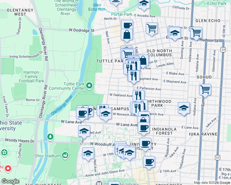 map of restaurants, bars, coffee shops, grocery stores, and more near 112 West Oakland Avenue in Columbus