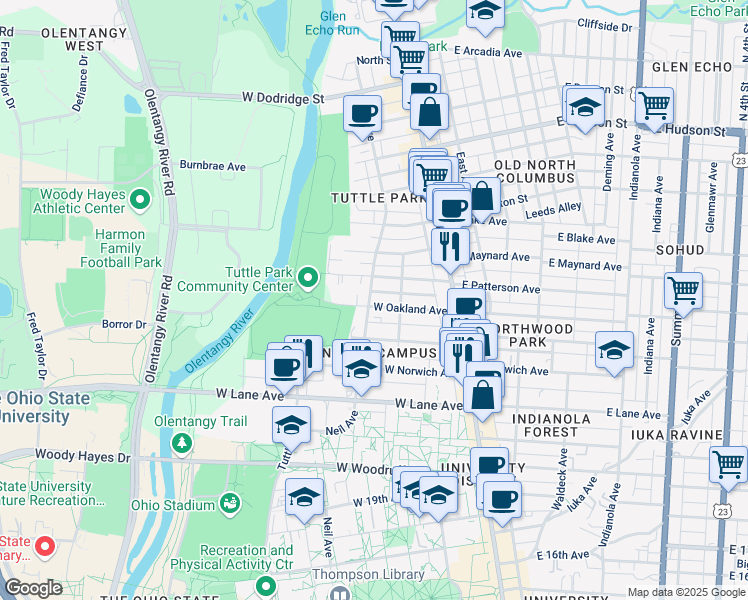 map of restaurants, bars, coffee shops, grocery stores, and more near 112 West Oakland Avenue in Columbus