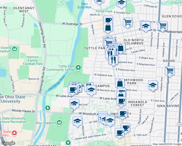 map of restaurants, bars, coffee shops, grocery stores, and more near 164 West Oakland Avenue in Columbus