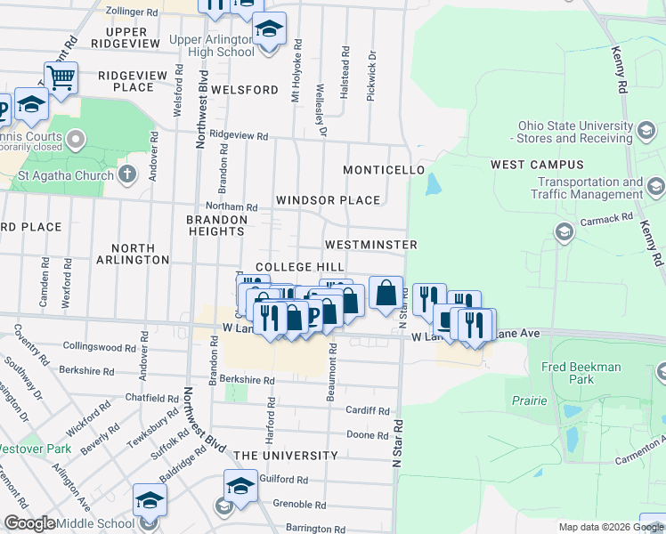 map of restaurants, bars, coffee shops, grocery stores, and more near 1578 College Hill Drive in Columbus