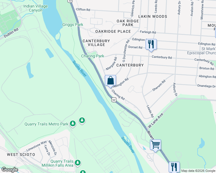 map of restaurants, bars, coffee shops, grocery stores, and more near 2731 Charing Road in Upper Arlington