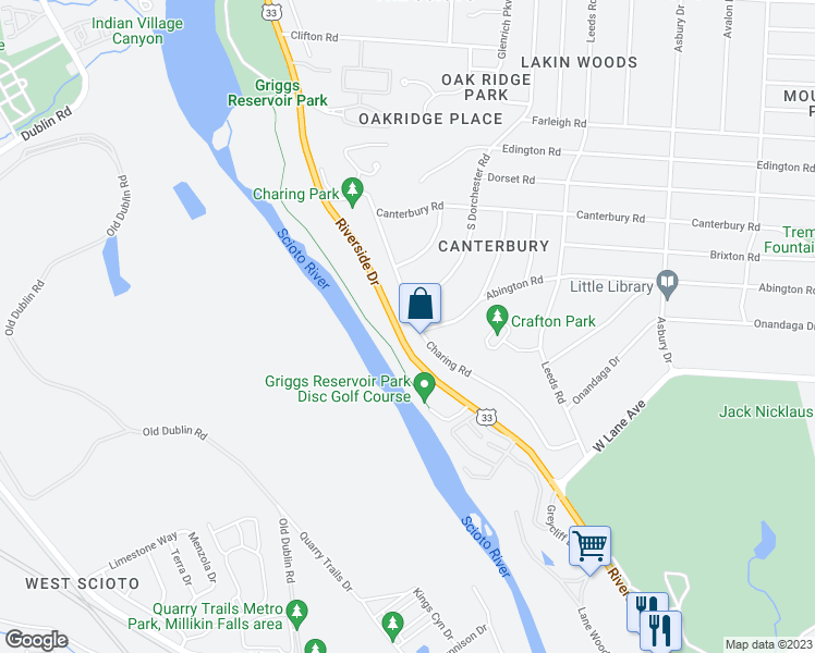 map of restaurants, bars, coffee shops, grocery stores, and more near 2731 Charing Road in Upper Arlington