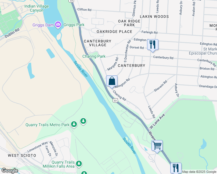 map of restaurants, bars, coffee shops, grocery stores, and more near 2731 Charing Road in Upper Arlington