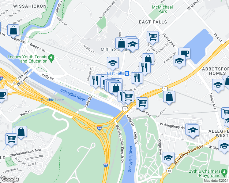 map of restaurants, bars, coffee shops, grocery stores, and more near 3735 Midvale Avenue in Philadelphia