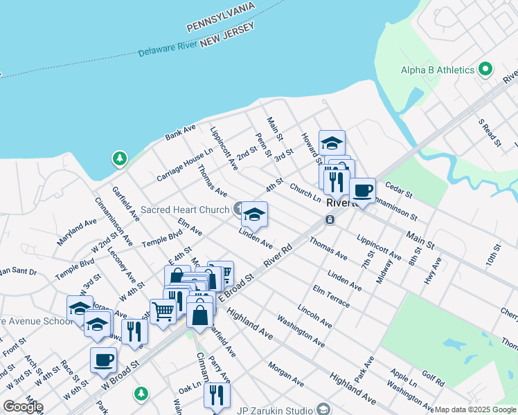 map of restaurants, bars, coffee shops, grocery stores, and more near 403 Thomas Avenue in Riverton
