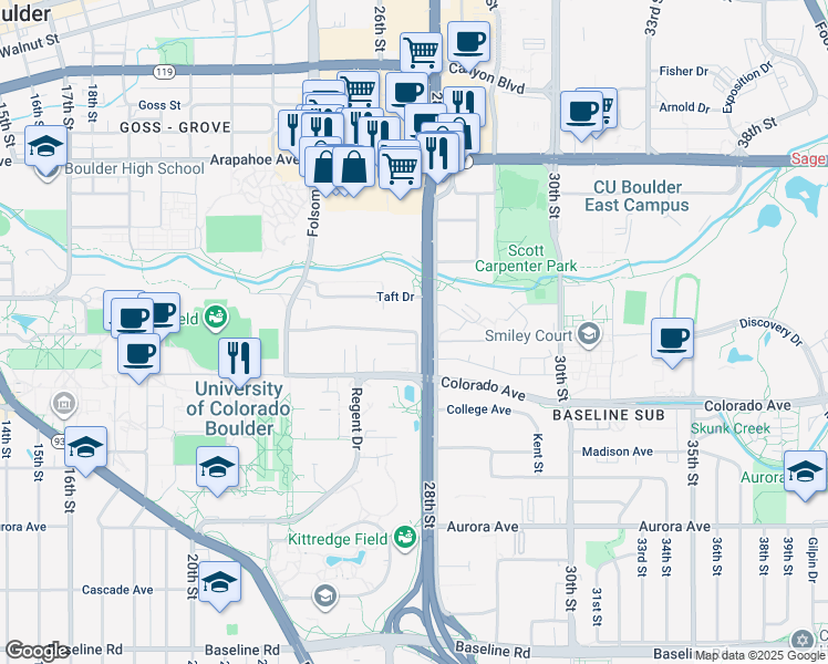 map of restaurants, bars, coffee shops, grocery stores, and more near 2790 University Heights Avenue in Boulder