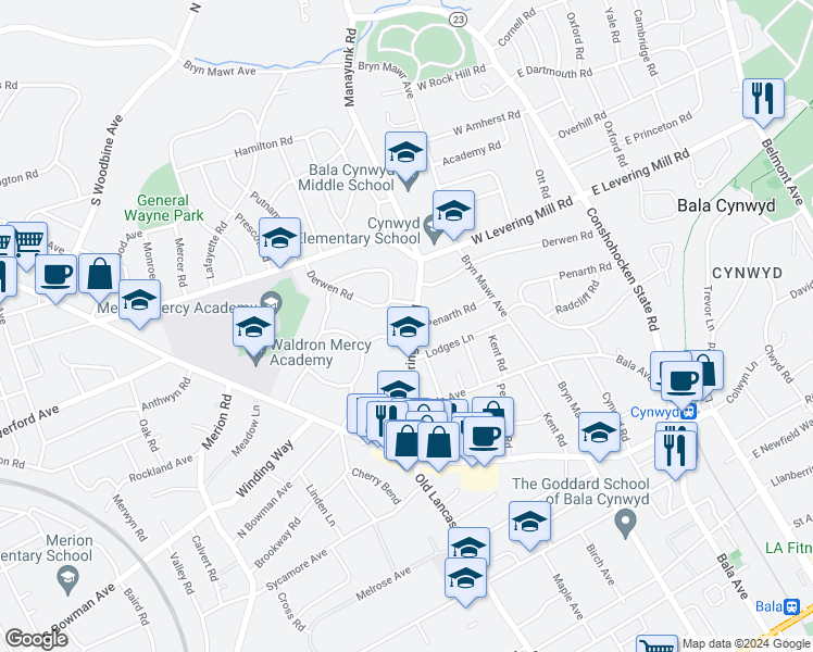 map of restaurants, bars, coffee shops, grocery stores, and more near 434 Levering Mill Road in Merion Station
