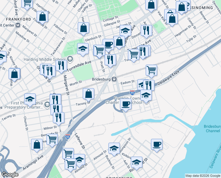 map of restaurants, bars, coffee shops, grocery stores, and more near 2237 Pratt Street in Philadelphia