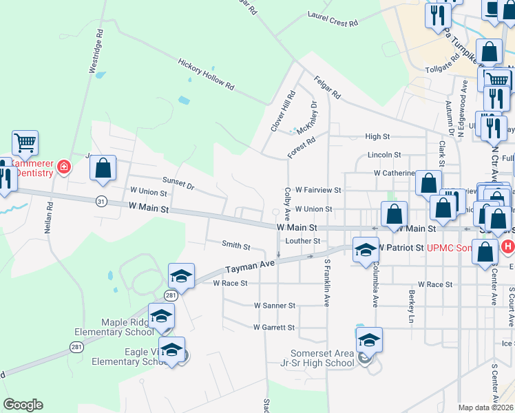 map of restaurants, bars, coffee shops, grocery stores, and more near 830 Brubaker Street in Somerset