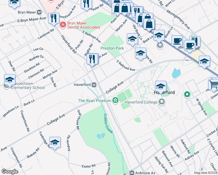 map of restaurants, bars, coffee shops, grocery stores, and more near 720 College Avenue in Haverford
