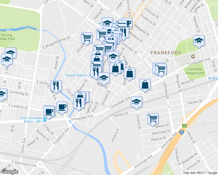 map of restaurants, bars, coffee shops, grocery stores, and more near 4274 Orchard Street in Philadelphia