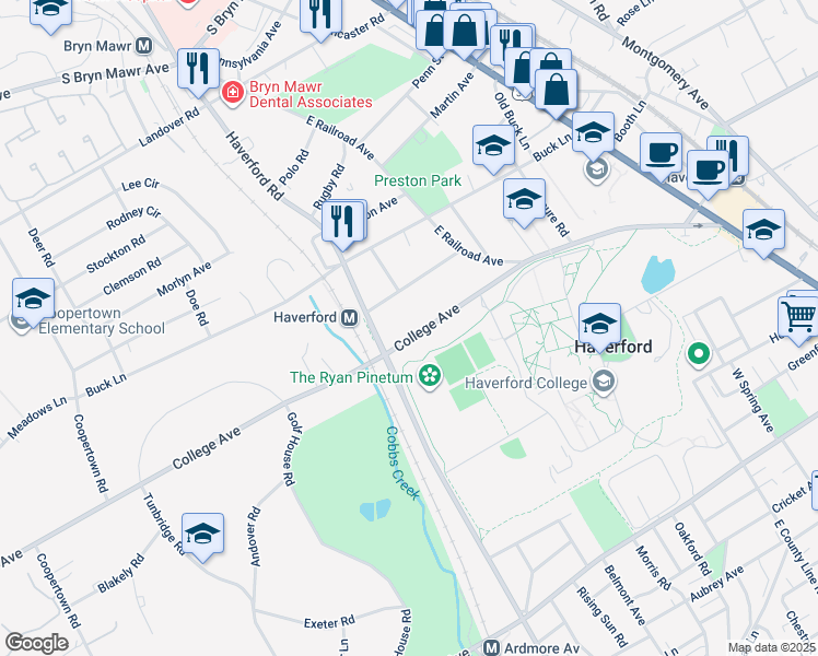 map of restaurants, bars, coffee shops, grocery stores, and more near 720 College Avenue in Haverford
