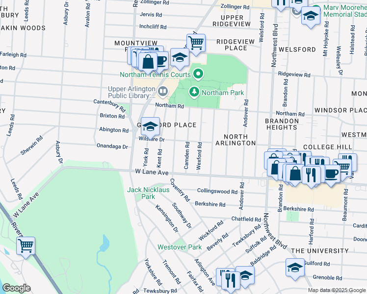 map of restaurants, bars, coffee shops, grocery stores, and more near 2625 Camden Road in Columbus