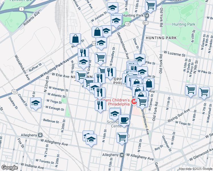 map of restaurants, bars, coffee shops, grocery stores, and more near 1624 West Erie Avenue in Philadelphia
