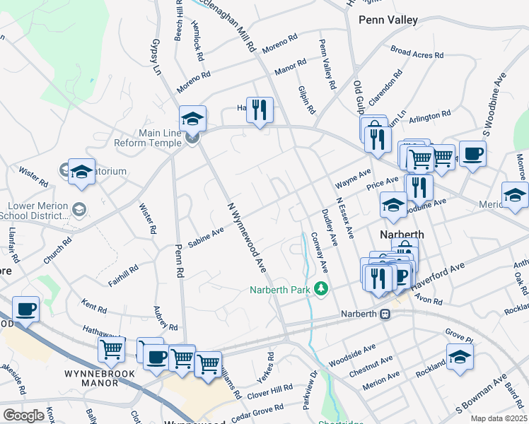 map of restaurants, bars, coffee shops, grocery stores, and more near 16 Sabine Avenue in Narberth