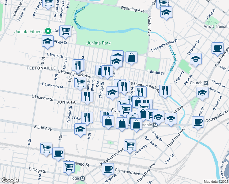 map of restaurants, bars, coffee shops, grocery stores, and more near 4114 Dungan Street in Philadelphia