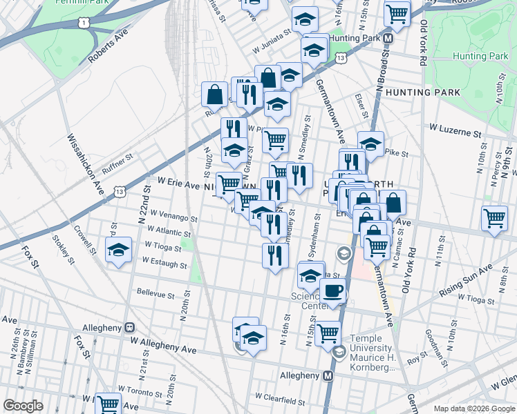 map of restaurants, bars, coffee shops, grocery stores, and more near 3641 North 18th Street in Philadelphia