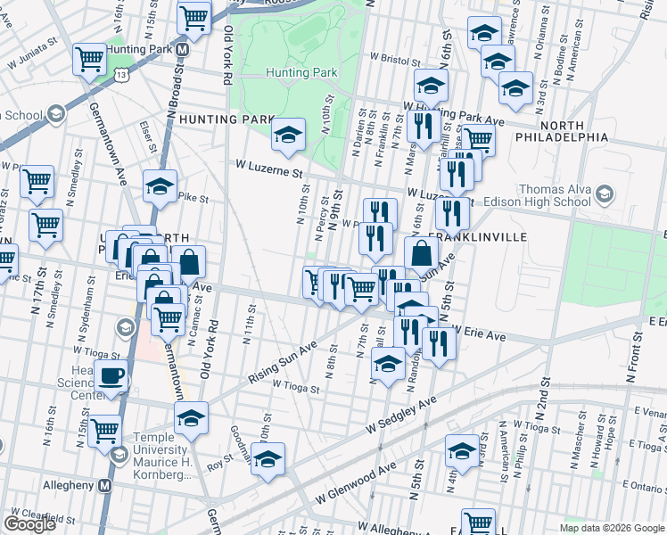 map of restaurants, bars, coffee shops, grocery stores, and more near 3757 North 9th Street in Philadelphia