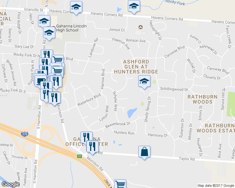 map of restaurants, bars, coffee shops, grocery stores, and more near 334 Dellfield Way in Columbus
