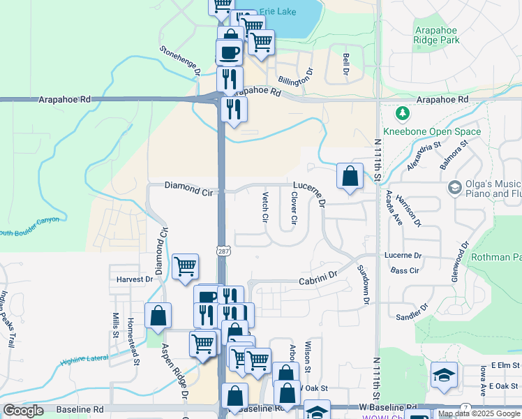 map of restaurants, bars, coffee shops, grocery stores, and more near 964 Vetch Circle in Lafayette