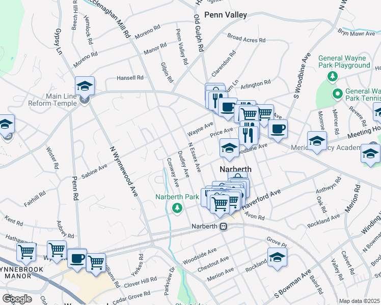 map of restaurants, bars, coffee shops, grocery stores, and more near 312 North Essex Avenue in Narberth