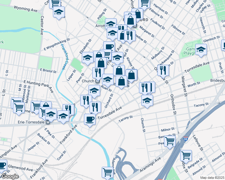 map of restaurants, bars, coffee shops, grocery stores, and more near 4274 Orchard Street in Philadelphia